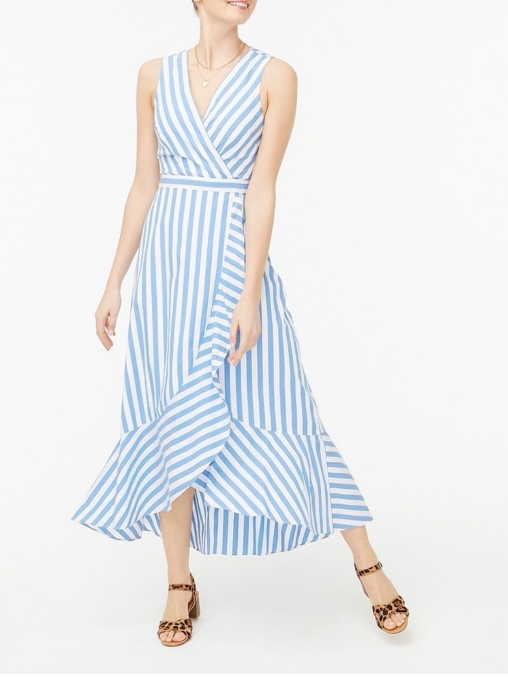 J. Crew Blue and White Striped Wrap-Style Midi Dress